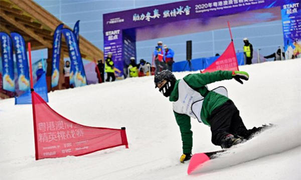 廣州融創(chuàng)雪世界舉辦的首屆“粵港澳滑雪精英挑戰(zhàn)賽”。