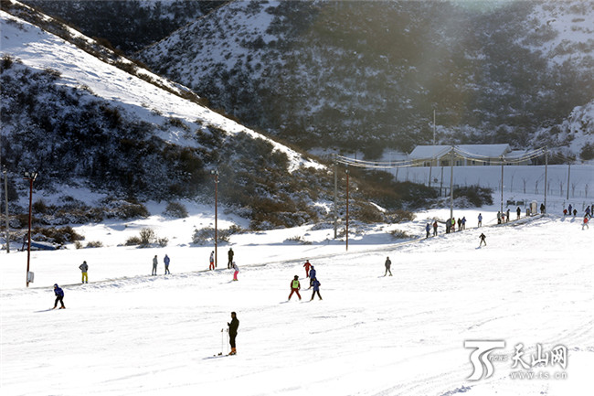 在白云國際滑雪場內,滑雪愛好者們正在初級道上感受冰雪帶來的樂趣。